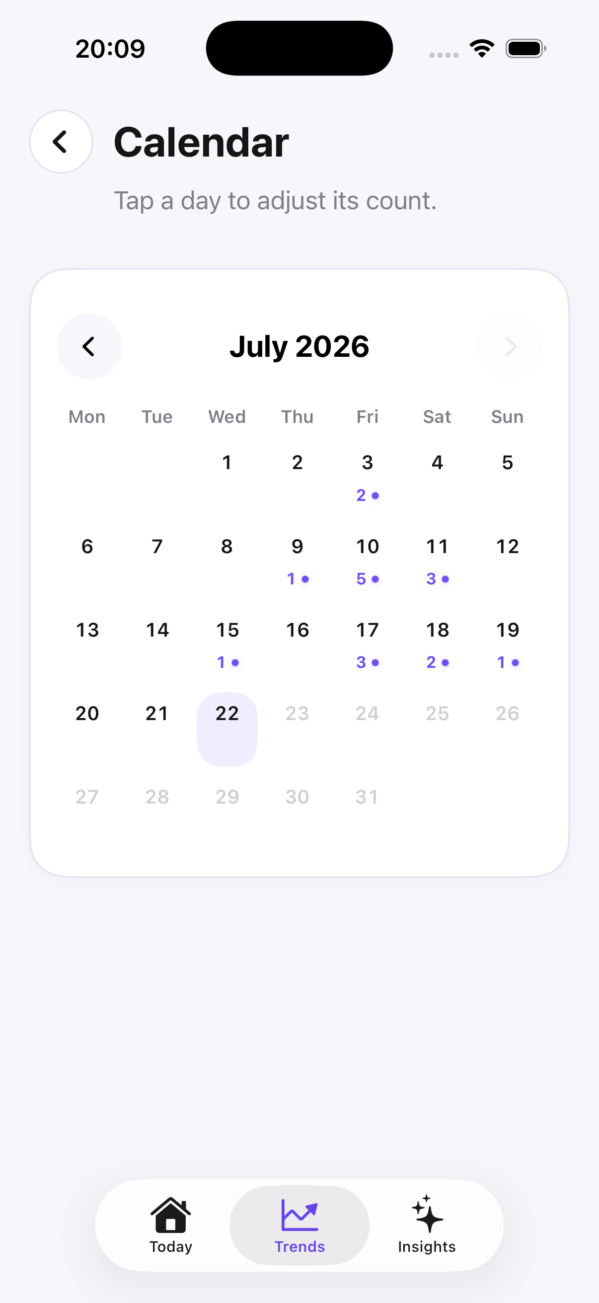 Modero Calendar screen showing daily drink counts across July 2026