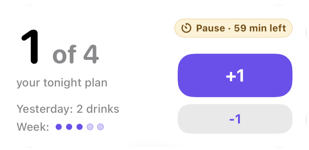 Modero Home Screen widget showing one drink of four planned, a Pace Cue, and quick plus and minus buttons