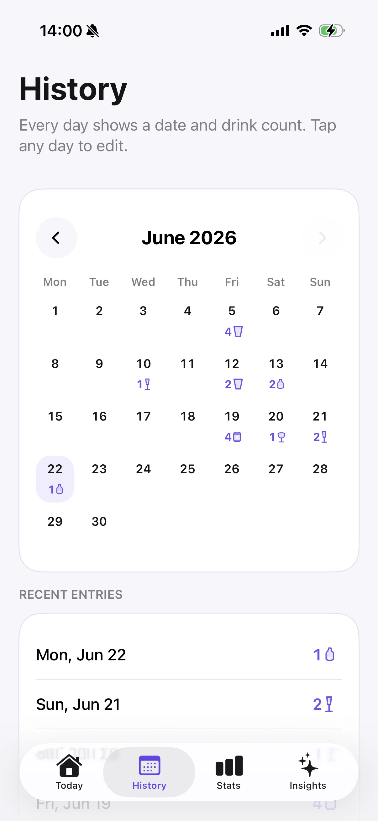 Modero history calendar screen