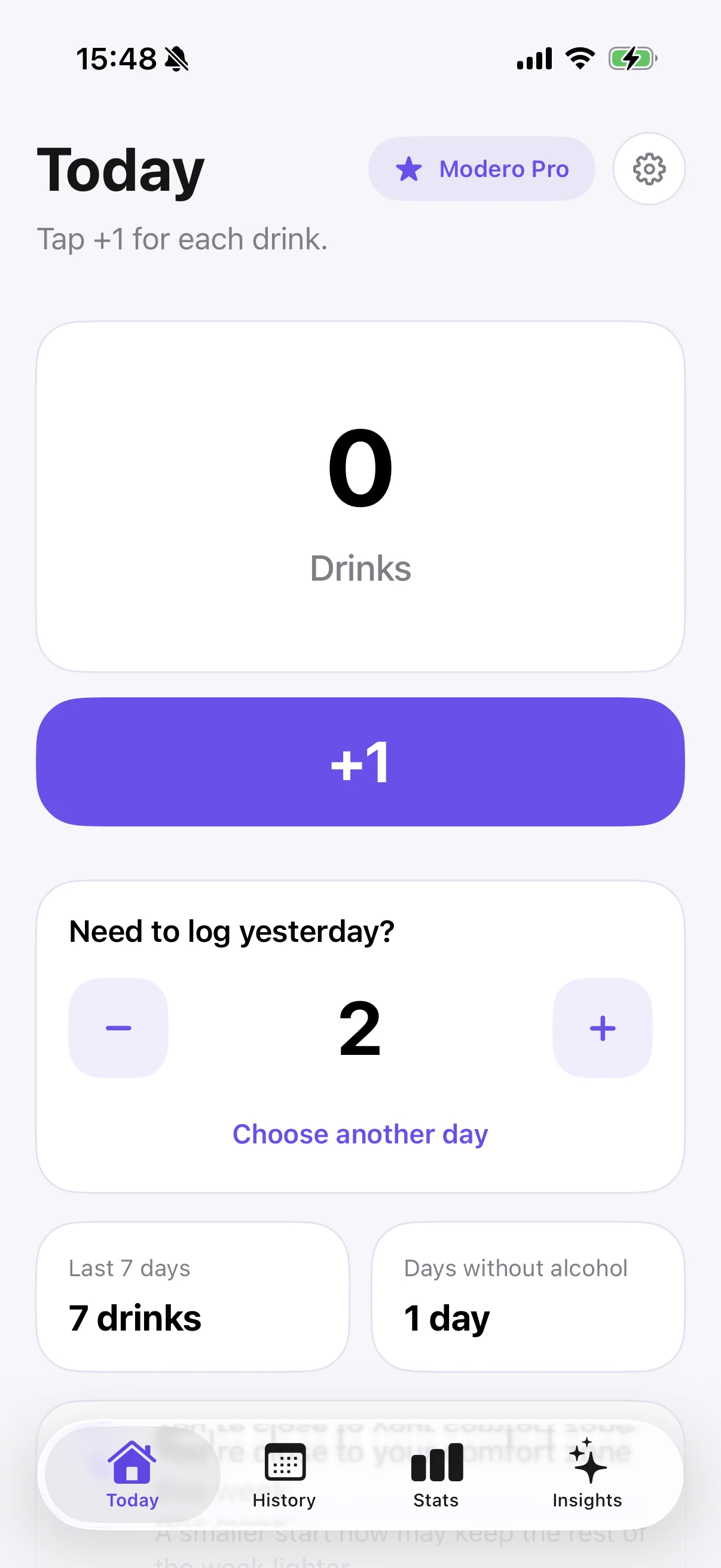 Modero today screen with one-tap drink logging